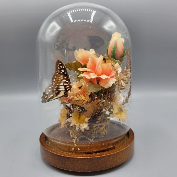 Vintage Decorative Glass Dome Terrarium Diorama Butterfly Flowers Wood Base - Picture 3 of 12